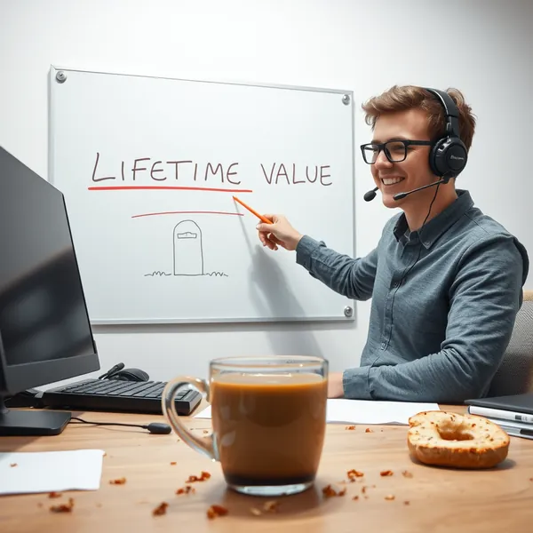 A 1min.AI executive presents the company's longevity projections during an all-hands meeting, emphasizing the lifetime subscription's terms.