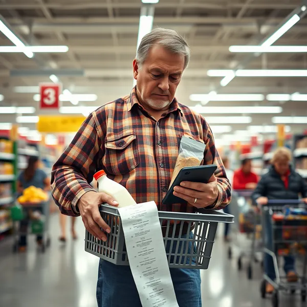 A consumer examines a lengthy receipt at a department store in Arlington, Virginia, following the implementation of new import tariffs on common household goods.