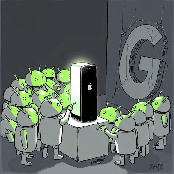 Android developers gather for a nightly study session, replicating the precise gradients and blur effects of Apple's design language.