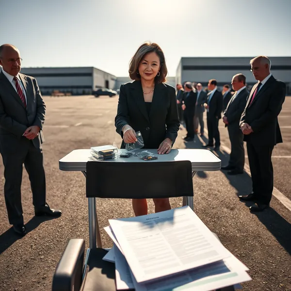 AMD CEO Lisa Su distributes prototype AI chips to investors from a temporary table setup in the company's headquarters parking lot following the announcement of a multi-year partnership with Meta Platforms.