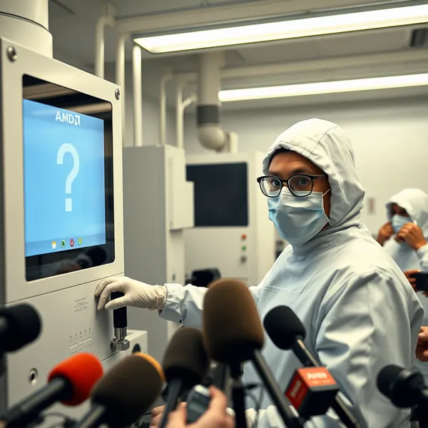An AMD engineer examines a semiconductor wafer under a microscope at the company's research facility in Austin, Texas, following the announcement of a new chip design partnership with Meta Platforms.