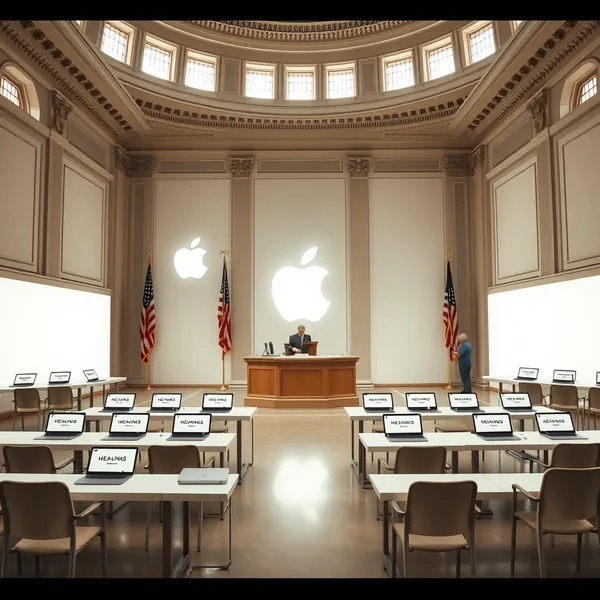 The newly automated House Oversight Committee chamber prepares for its first fully digital session using Apple's Government Edition MacBook M5 system.