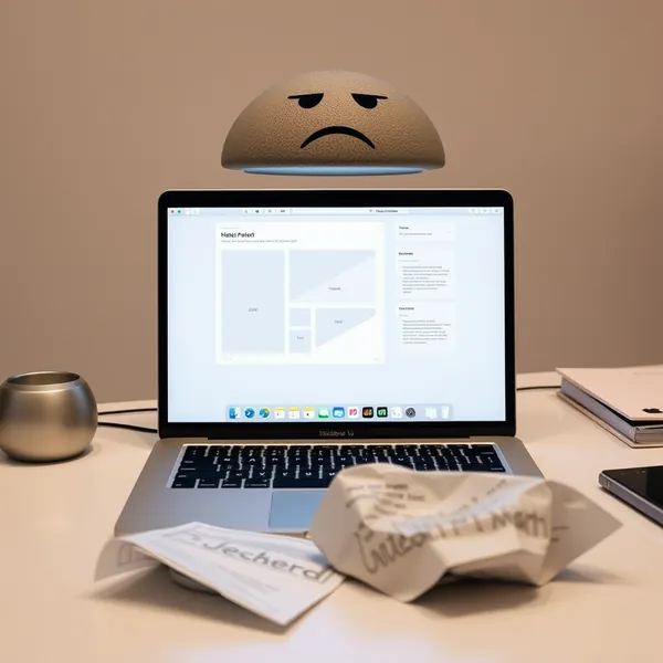 A MacBook Pro's Dynamic Island displays a disapproving expression as a trading analyst reviews a portfolio performing below expectations.