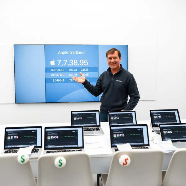Apple executives demonstrate the new Touch MacBook Pro's financial dashboard feature during a product briefing at company headquarters in Cupertino, California.