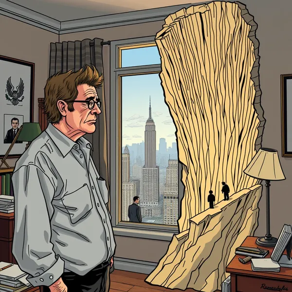 Cartoonist Garry Trudeau surveys the physical manifestation of his February 2026 comic strips, which have transformed into a limestone cliff inside his Washington, D.C., studio, coinciding with reports of a real-world financial anomaly.