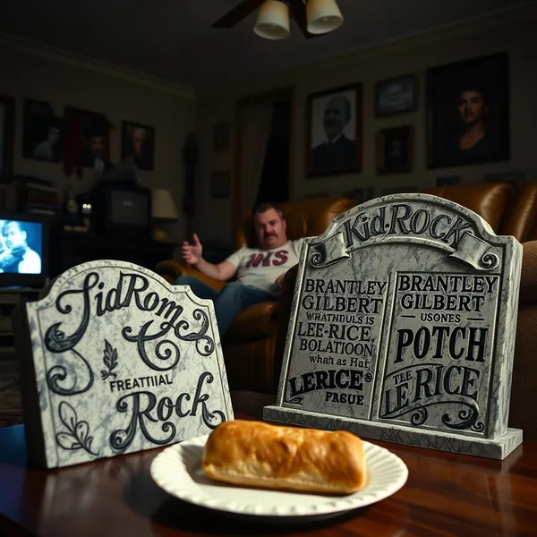 Chad Harkness attends the Alternative Super Bowl in his Akron home, with ceremonial headstones provided by the slated performers visible nearby.