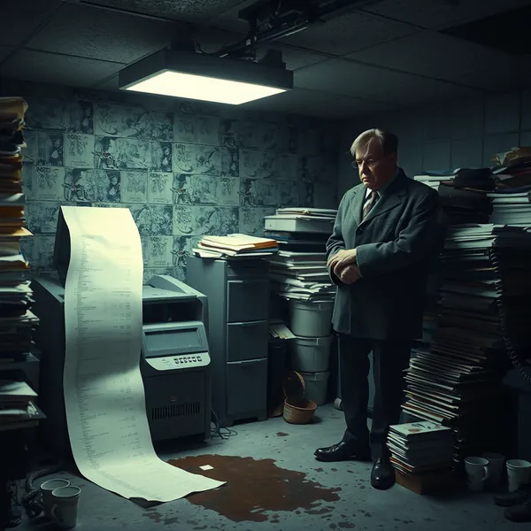 Detective Franklin Mills reviews podcast transcriptions in the Newark Police Department's evidence room as a fax machine continuously prints new pages.