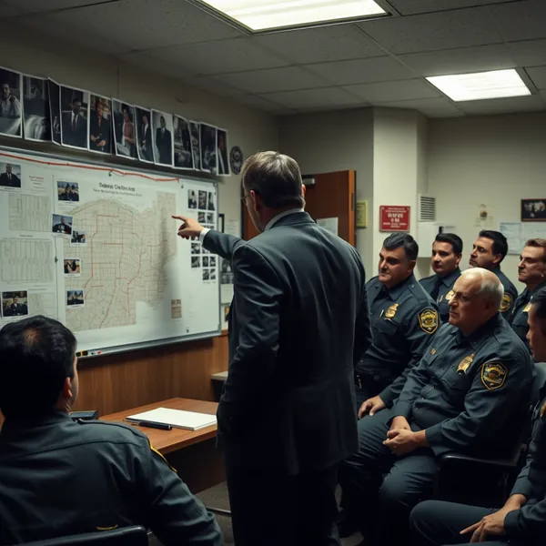 An unidentified individual, later revealed to be the serial killer, addresses Newark police detectives during an investigative briefing on the murders he committed.