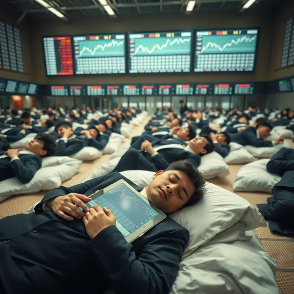 Brokers at the Tokyo Stock Exchange participate in the quarterly Pillow-Fight Stress Test, a key metric in the exchange's new sleep-based stability analysis program.