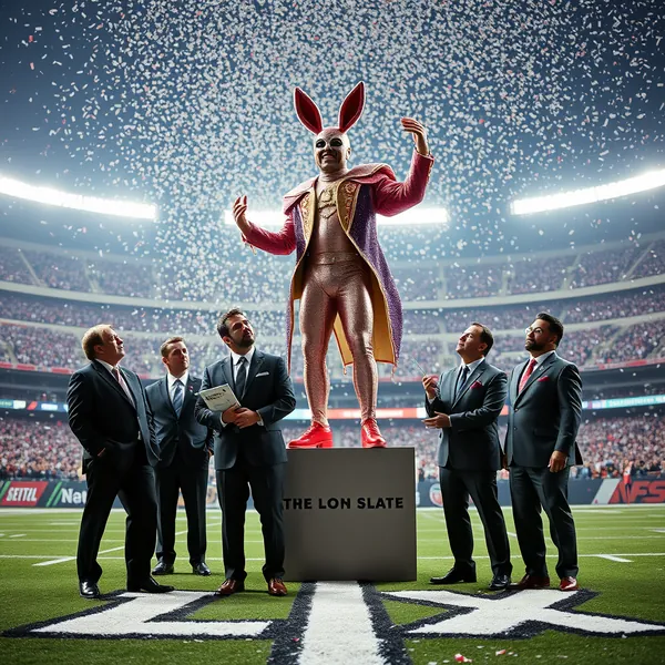 Bad Bunny concludes his halftime performance at Super Bowl LX as financial analysts from the NFL's new Cultural Currency division assess the spectacle's monetary impact on the field at Hard Rock Stadium in Miami Gardens, Florida.