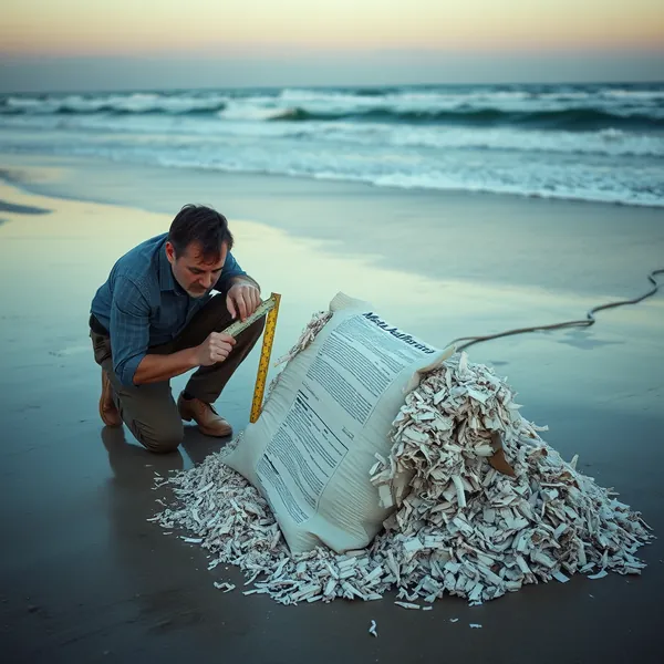 Bank of America analysts assess the geophysical impact of a Meta-AMD deal on a coastal sandbag barrier constructed from financial documents near Mountain View, California.