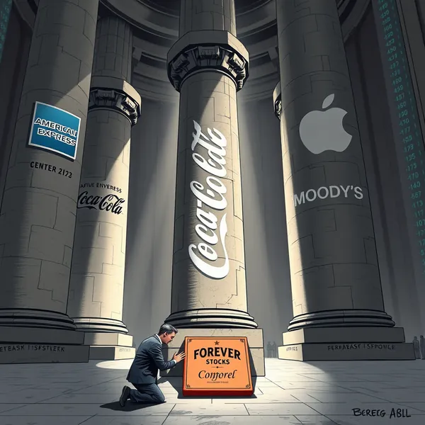 Berkshire Hathaway CEO Greg Abel announces the 'forever stocks' initiative to shareholders in Omaha, as designated company symbols display with permanent heraldic icons on the main ticker.