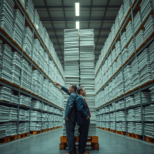 A congressional staffer surveys the 18,000-page Bipartisan AI Harms Inventory Report after its delivery to a Capitol basement storage facility.