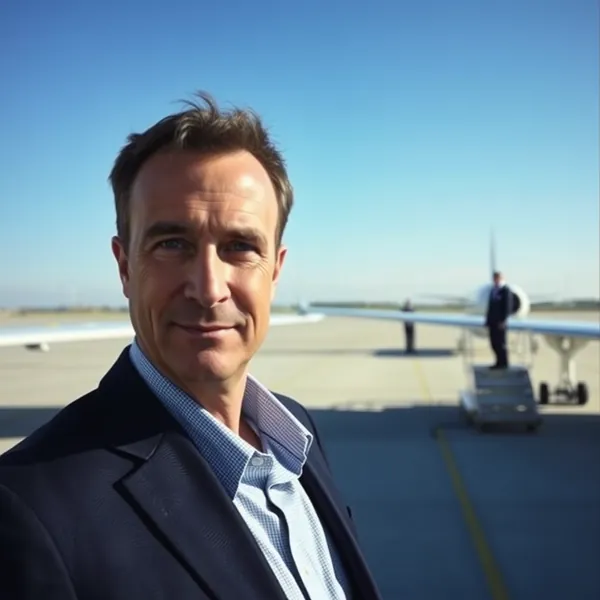 Breeze Airways ground crew members stand at Raleigh-Durham International Airport's Gate B7, where a holographic projection represents Flight BZ1743 to Birmingham—a route that exists only as a bureaucratic filing error.