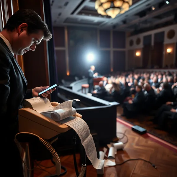 A Democratic Party aide consults a real-time data feed from a repurposed fax machine during Senator Adam Schiff's address at the California Democratic Convention in San Francisco.