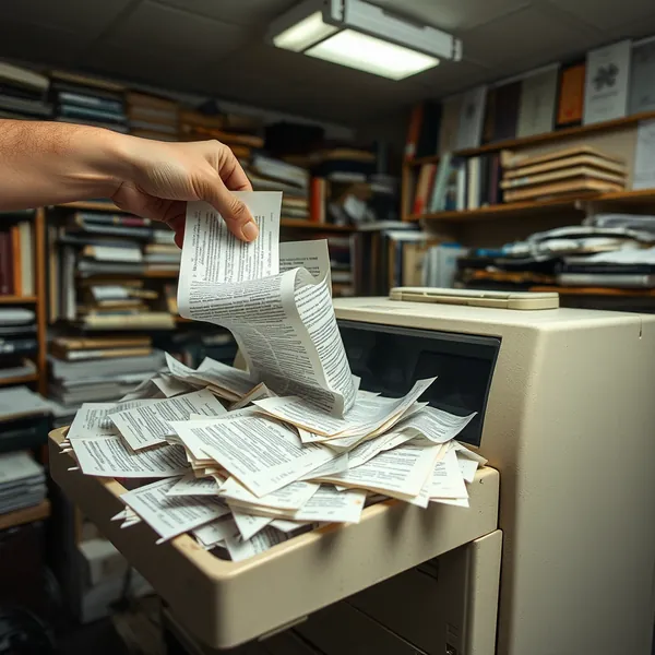 A bookstore employee retrieves the latest transmission from the store's fax machine, which has been spontaneously generating altered pages of 'Little Women' for weeks.