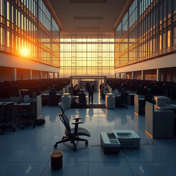 A temporary legal consultant reviews liability pathways for AI-related employment disputes in a Chicago co-working space, utilizing a custom-built device to manage case filings.