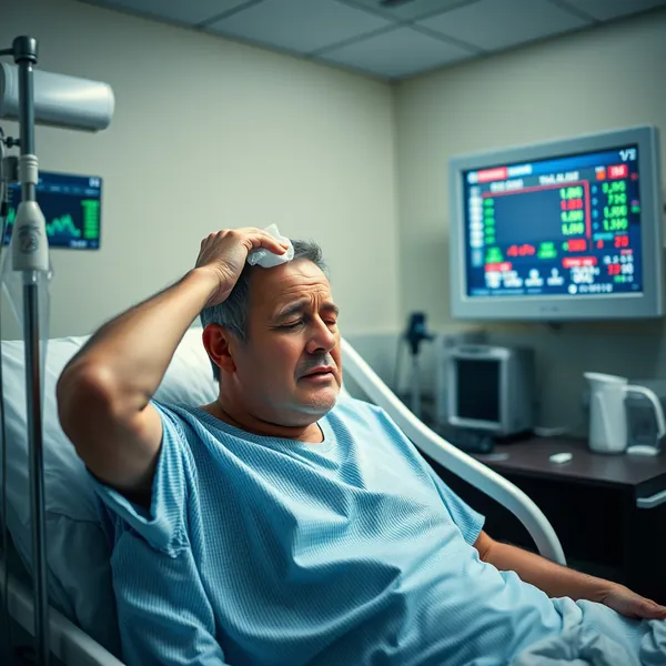 Kevin Dern receives treatment at Mercy General Hospital for symptoms doctors have linked to psychosomatic stress induced by stock market volatility.