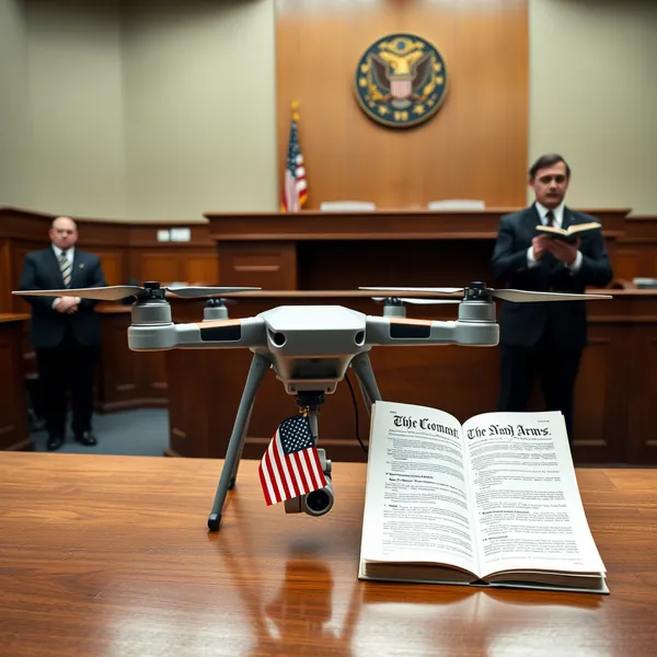 A DJI attorney presents one of the company's drones while awaiting a hearing on its petition to challenge the FCC's import ban.