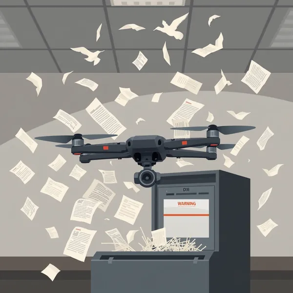 A DJI executive navigates a briefing room inundated with spontaneously generated legal documents, which the company alleges is a direct result of the FCC's 'careless' regulatory actions.