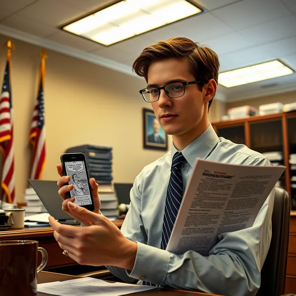 Congressional intern Elijah Schwartz compares a 'Doonesbury' comic strip from 2026 with an official Senate subcommittee transcript in the Dirksen Senate Office Building.
