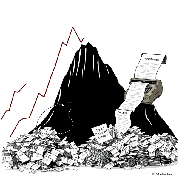 A broker prepares to dispatch formal 'regret letters' to shareholders via carrier pigeon as part of the Dow Jones's new market-volatility empathy initiative.