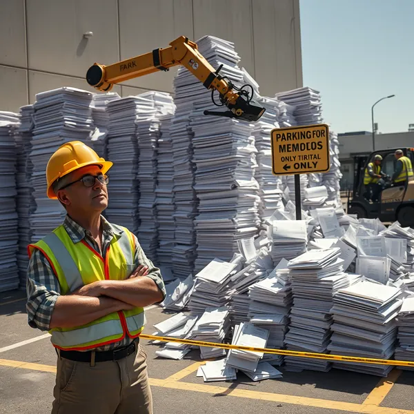 Municipal workers assess the rapid expansion of autonomous filing cabinets in what was formerly the downtown business district. The self-replicating office furniture has reportedly consumed seven Starbucks locations and a pet grooming salon.