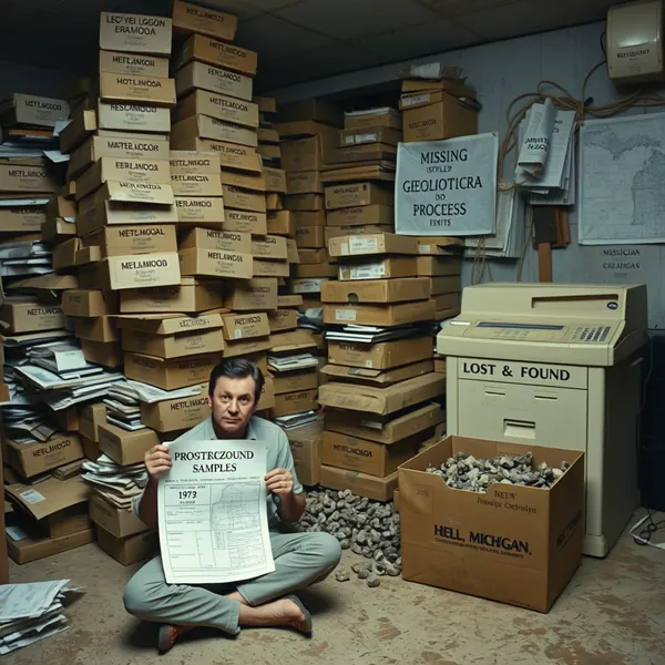 Dr. Evan Armitage of the U.S. Geological Survey examines a misplaced rock core sample discovered in a mislabeled storage box, part of an internal probe into a billion-year gap in the official geological record.