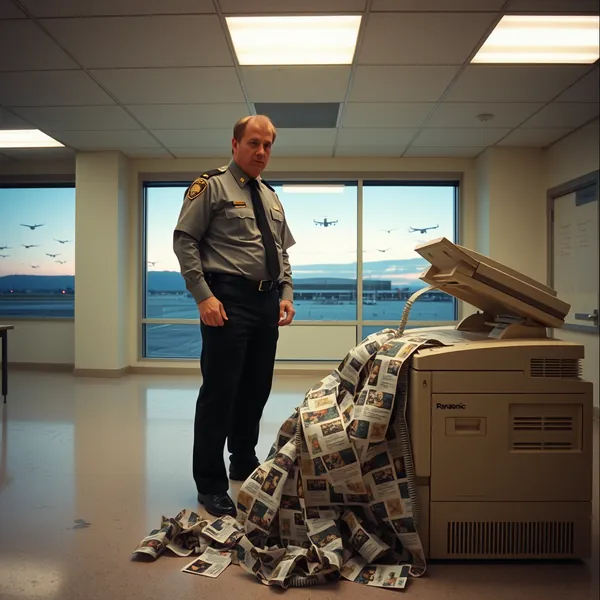 A U.S. Customs and Border Protection officer assesses a malfunctioning fax machine implicated in the temporary shutdown of El Paso International Airport airspace.