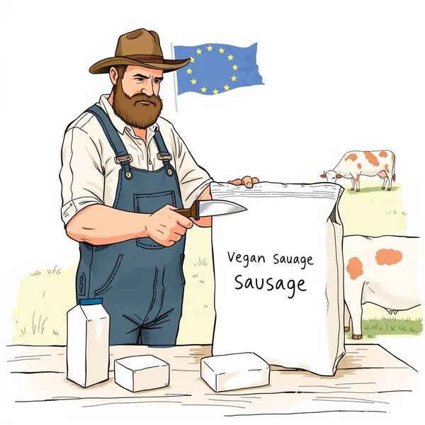 EU officials display newly renamed plant-based food products during a press conference announcing legislation prohibiting meat-related terminology for vegetarian and vegan items.
