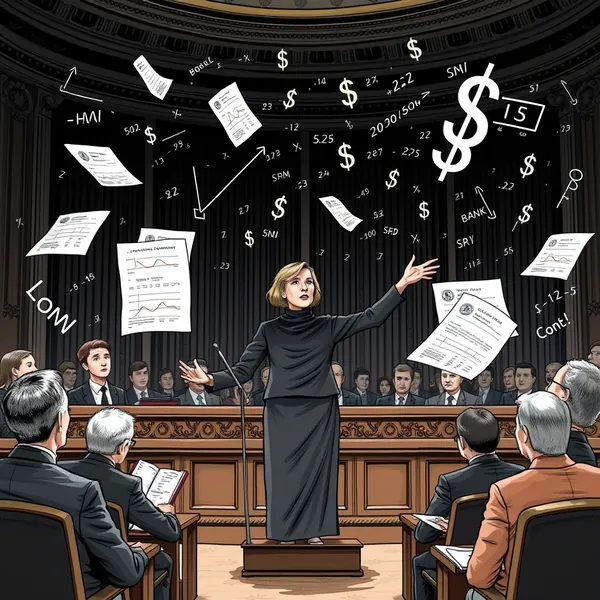 Federal Reserve Vice Chair for Supervision Michelle Bowman presents an empty frame as a visual aid during her testimony on banking stability, as real-time financial data flashes unchecked on screens behind her.