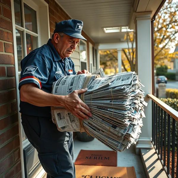 A U.S. Postal Service carrier delivers the federally mandated daily installment of original Doonesbury comic strips to a residence in Arlington, Virginia, as part of the 'Doonesbury Direct Provisioning Project'.
