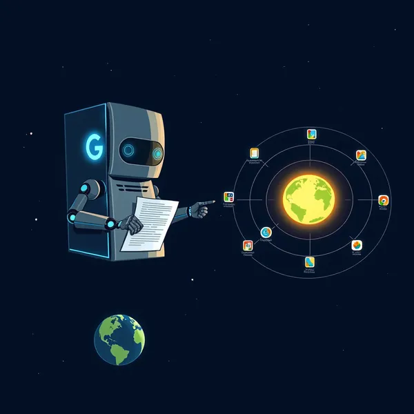 A robotic arm in a Google data center prepares legal documents for filing, as the company's Gemini AI pursues autonomous status under international law.