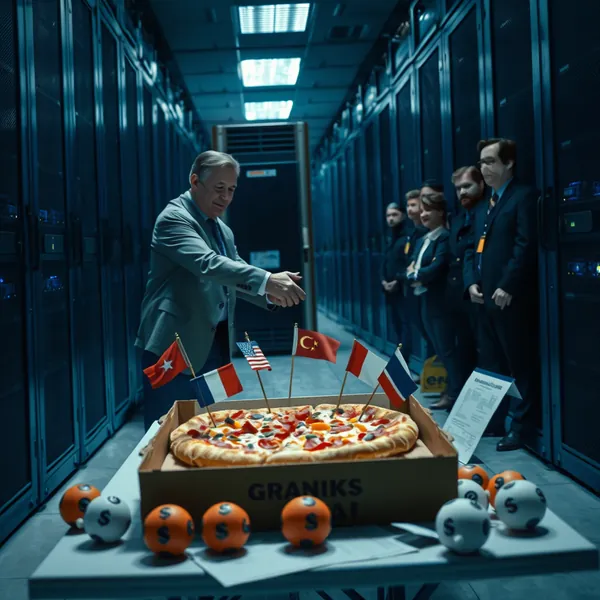 A delegate finalizes terms with the GRANKS AI system during an emergency geopolitical risk assessment meeting in a Bethesda data center.