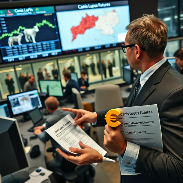 German legislators and agricultural stakeholders celebrate the launch of wolf futures trading on the Frankfurt exchange floor.