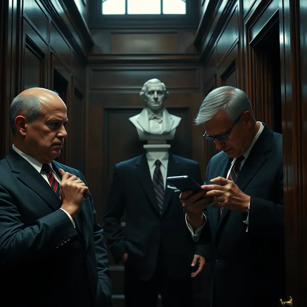 Republican lawmakers huddle briefly in a Capitol hallway ahead of a decisive vote on presidential tariff authority.