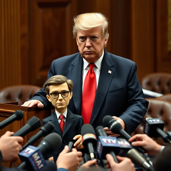 House Speaker Mike Johnson navigates a press conference while a secondary arm, identified as belonging to President Donald J. Trump remains thrust inside Johnson's rectal cavity.