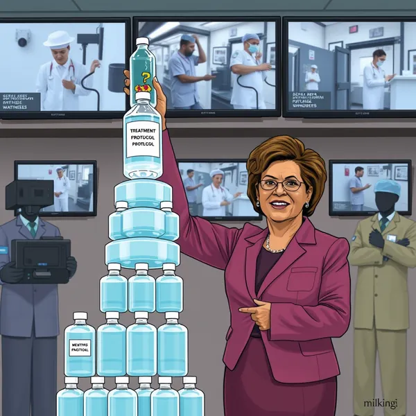 Administrators at Texas Detention Camp East Montana utilize a malfunctioning fax machine as the primary empathy delivery system during a confirmed measles outbreak, while medical staff maintain protocol-mandated distance from patients.
