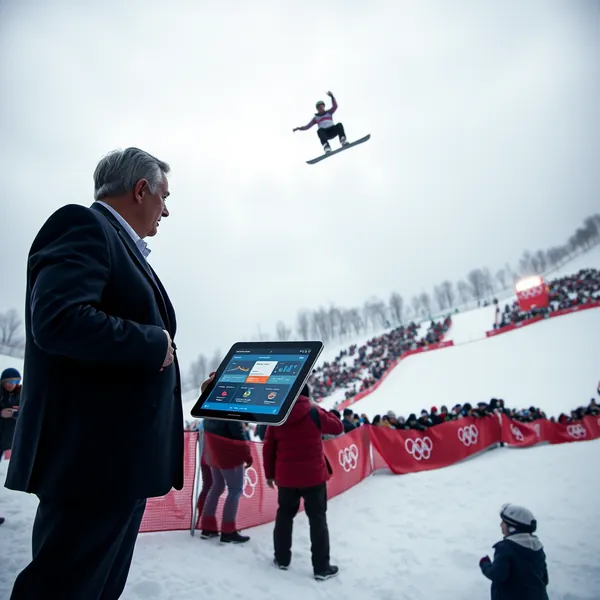 Chloe Kim executes a maneuver during her gold medal-winning halfpipe run as an International Olympic Committee official monitors performance metrics.