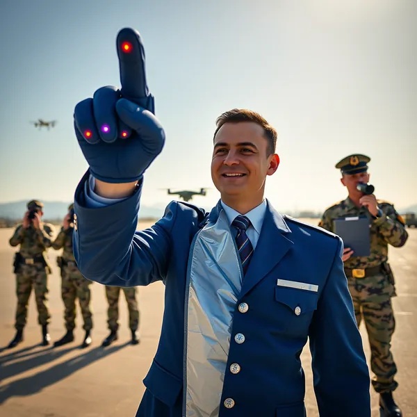 An Azerbaijani airport greeter demonstrates the modified foam finger signaling system during a drone defense drill at Heydar Aliyev International Airport.