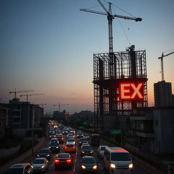Construction continues on the Israeli-commissioned emergency exit sign in Beirut, designed to streamline future mass evacuations after traffic gridlock stranded thousands of residents last week.