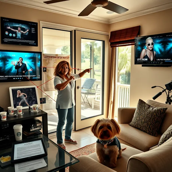 Jill Zarin gestures toward a detailed map in her Florida home during what she describes as an investigation into the national security implications of a recent NFL halftime performance.