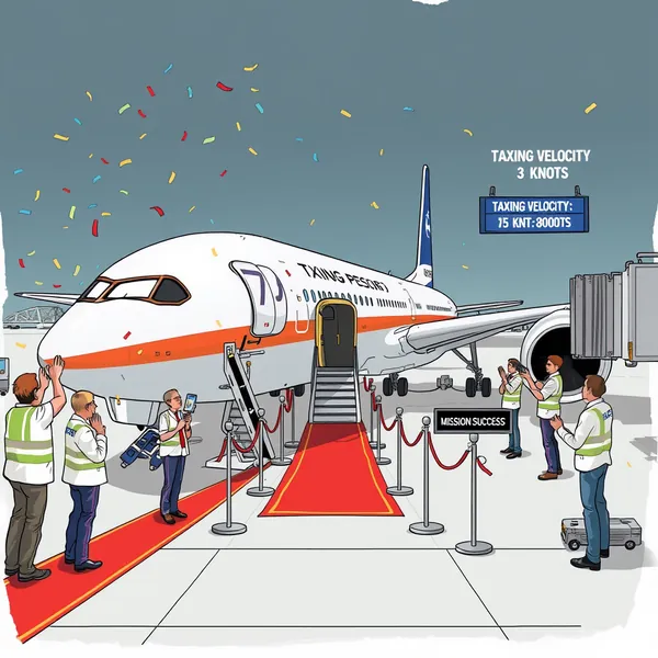 Geoffrey Thistlewaite, elected spokesperson for the provisional government formed by stranded British nationals, addresses constituents inside the jet bridge at Muscat International Airport as the officially 'departed' rescue flight remains parked at the gate.