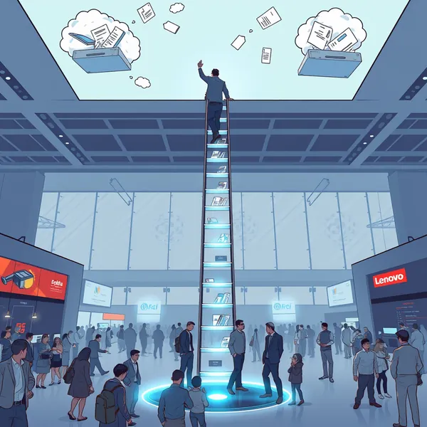Lenovo executive demonstrates literal interpretation of 'expanding mobility' while standing on Yoga Ladder Pro 3D Concept at MWC 2026 in Barcelona, as attendees navigate newly installed creativity gaps.