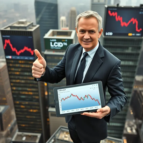 Lucid Group CEO Peter Rawlinson presents the company's new 'controlled descent' strategy alongside a physical representation of the stock's trajectory during a post-earnings press event.