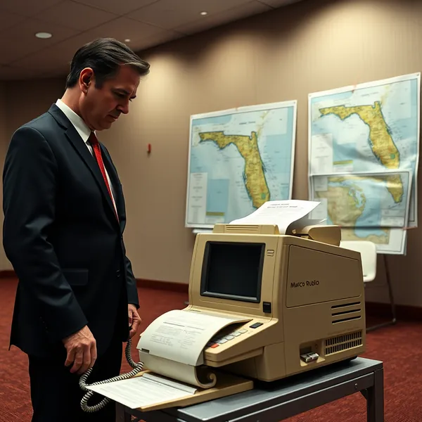 U.S. Secretary of State Marco Rubio observes the primary communications device for the Cuba speedboat investigation during a briefing at the State Department.