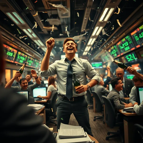 A trader reacts to market gains on the floor of the New York Stock Exchange following a major programming change announcement from financial news network First Light News.