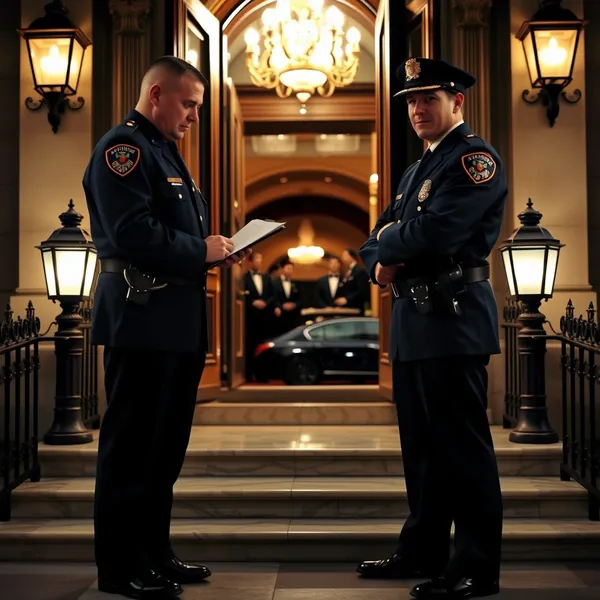 Metropolitan Police officers provide security at the entrance of Jeffrey Epstein's Manhattan residence during a 2010 dinner party honoring Prince Andrew.