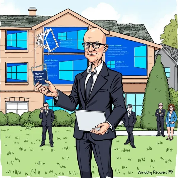 A Dayton, Ohio home displays the effects of Microsoft's latest Windows Recovery update, which physically replaced structural windows with functioning computer interfaces showing system error messages.