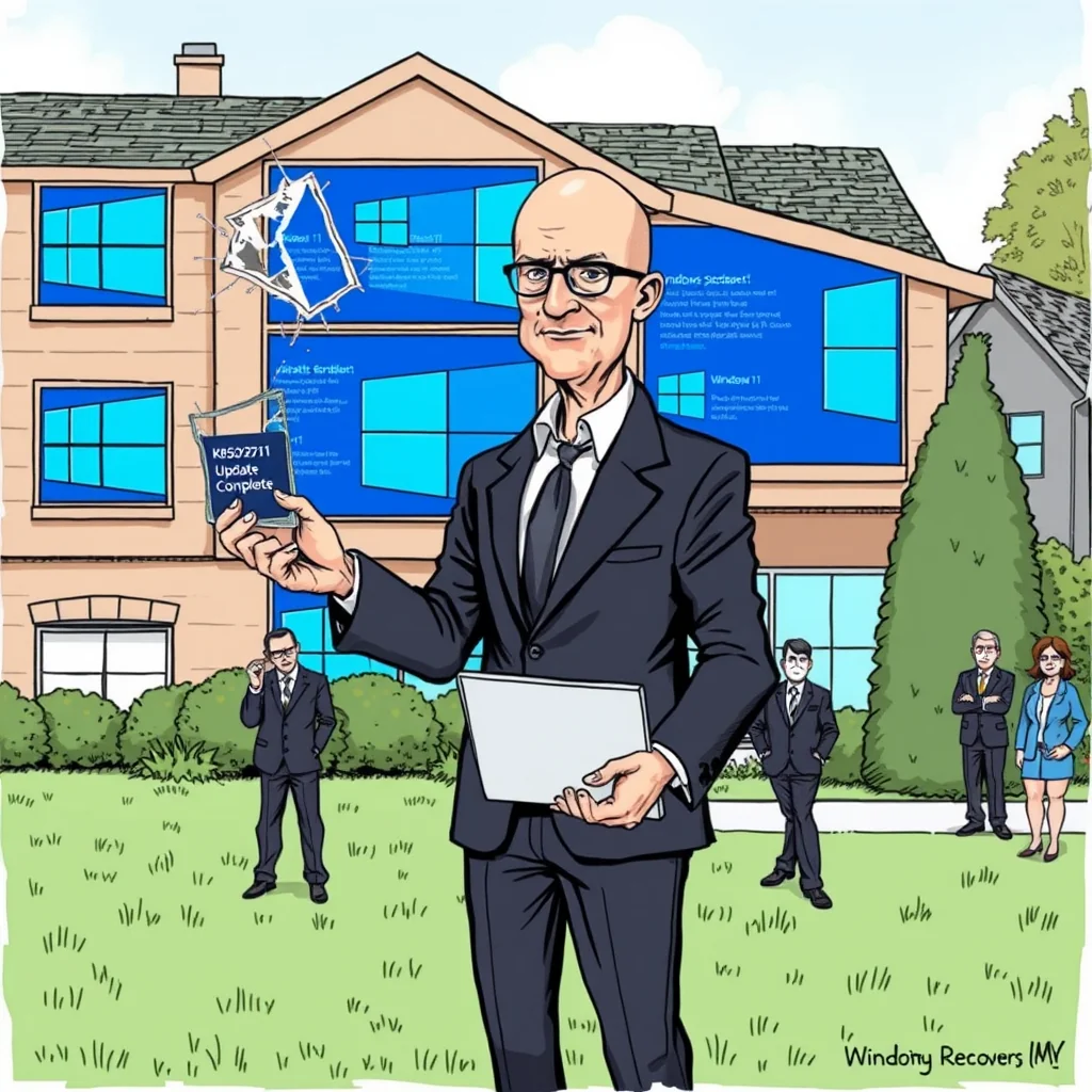 A Dayton, Ohio home displays the effects of Microsoft's latest Windows Recovery update, which physically replaced structural windows with functioning computer interfaces showing system error messages.